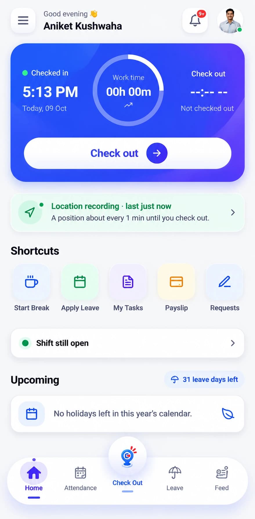 The AuraStack HRMS app on an employee's phone: check-in time, a running work timer and the check-out button, location recording while checked in, shortcuts for breaks, leave, tasks, payslips and requests, and leave days left.